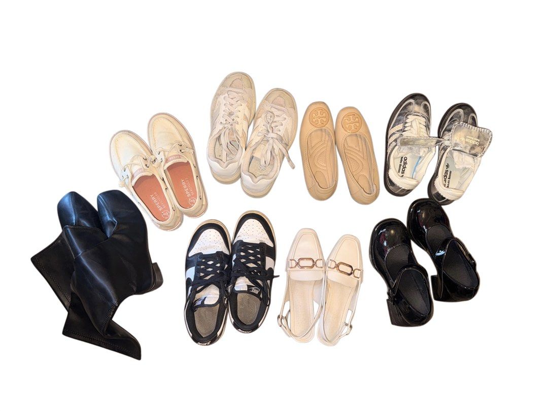 Assorted Footwear Bundle Sneakers Boots Flats Heels (Category: Sneakers) located in Manila. Submitted by ilove.sushi (Listing ID 1467919182, Image 1). Description: - Massive shoe collection with a style for every occasion - Available footwear: black high boots, white sneakers, boat shoes, loafers, heels, and metallic trainers - Mix of casual, formal, and athletic styles - Perfect for updating your wardrobe - Check individual pairs for specific si