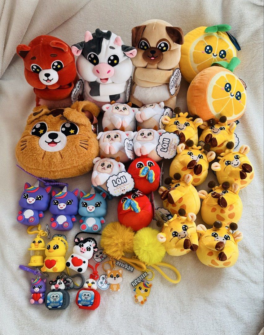 Assorted Kawaii Plushies Keychains and Squishies (Category: Plushies & Soft Toys) located in Santo Tomas. Submitted by blkswan_boutique (Listing ID 1467924915, Image 1). Description: INDIVIDUAL PRICES FOR SALE HUGSEES: ✨Chubsees (60each) Take all price (50 each) - 15 PCS!! 750 pesos ONLY ✨8inc - Chan, Cong, Prince - 150 each (TAKE ALL 360) ✨Clicksees big- orange 120 each take all (200) ✨Mini bag MARK- 280 PESOS ONLY ✨Unicorn wallet- 65 each (150 