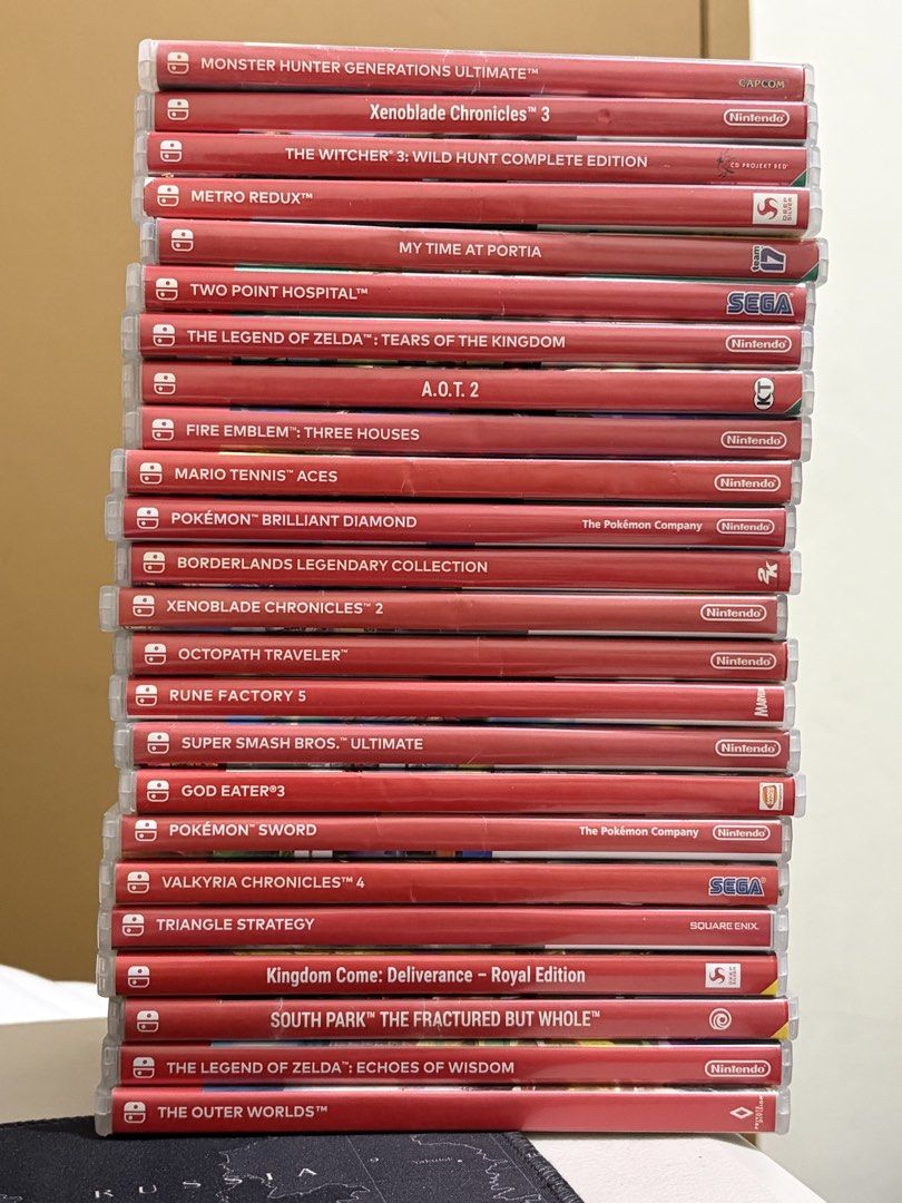 Assorted Nintendo Switch Physical Game Cartridges (Category: Nintendo) located in Taguig. Submitted by nivla23 (Listing ID 1467856688, Image 1). Description: Switch games for sale 1 Monster Hunter Generations Ultimate ₱1,200 2 Xenoblade Chronicles 3 ₱1900 3 The Witcher 3: Wild Hunt Complete Edition ₱1,600 4 Metro Redux ₱1,500 5 My Time at Portia ₱1,100 6 Two Point Hospital ₱1,600 7 The Legend of Zelda: Tears of the Kingdom ₱2,000 8 Attack on Tita