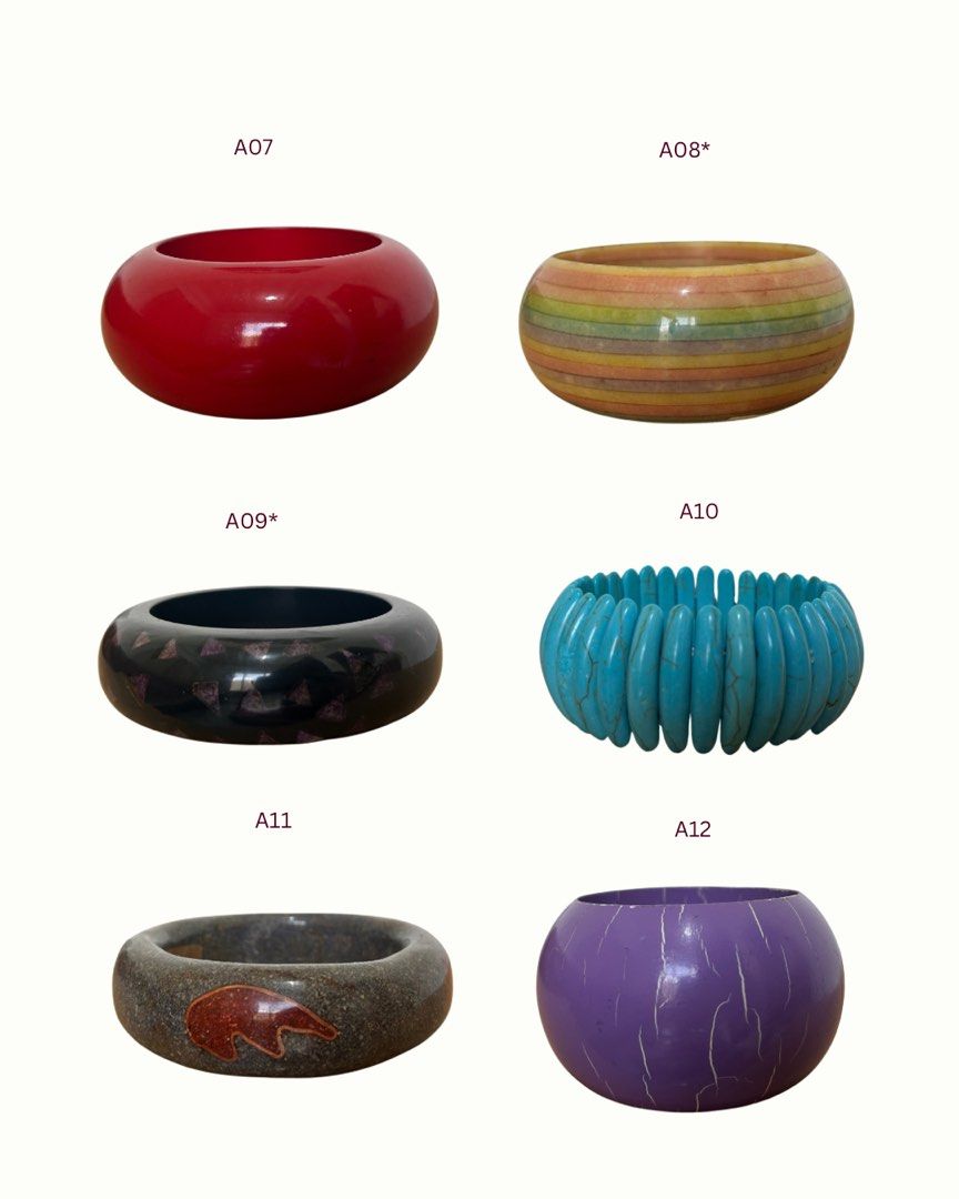 Assorted Wooden and Stone Statement Bangles (Category: Bracelets) located in Dumaguete. Submitted by from.neighbors (Listing ID 1467920199, Image 2). Description: bangles drop 2.0 🪩🫒🌌🪭💠 ₱289 – standard pieces ₱299 – pieces with an asterisk (A01*) ₱199 – A25 to A31 pieces with an underscore (A16_) are size small dm or comment design code to claim yours international shipping available 🗺️🪽 note: these are preloved and curated pieces, so expe