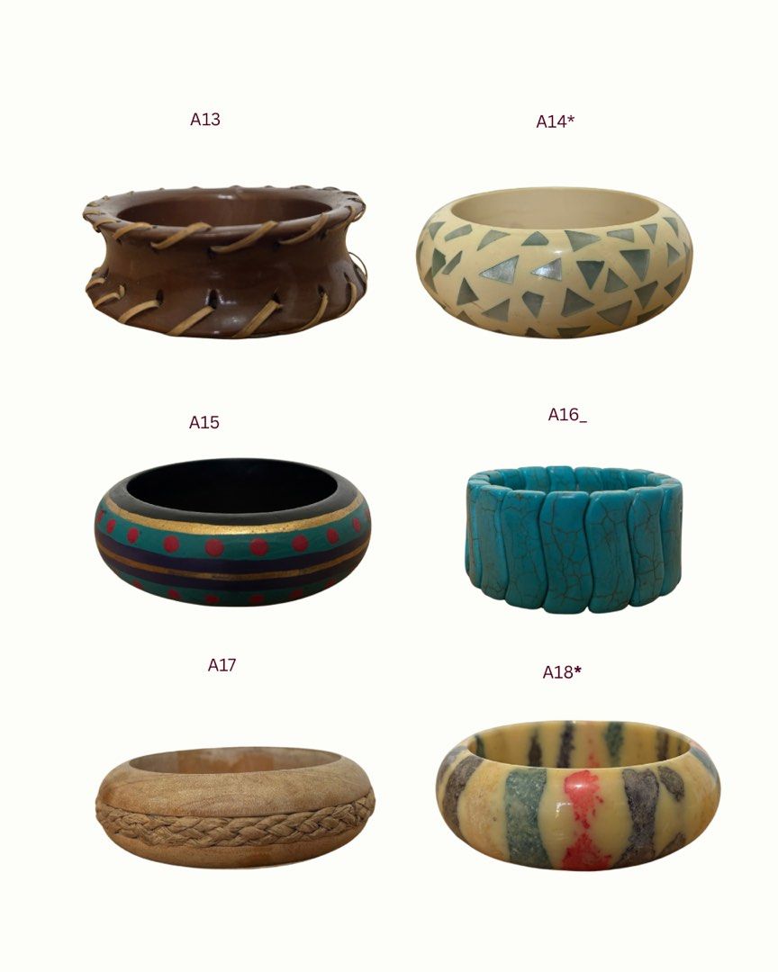 Assorted Wooden and Stone Statement Bangles (Category: Bracelets) located in Dumaguete. Submitted by from.neighbors (Listing ID 1467920199, Image 3). Description: bangles drop 2.0 🪩🫒🌌🪭💠 ₱289 – standard pieces ₱299 – pieces with an asterisk (A01*) ₱199 – A25 to A31 pieces with an underscore (A16_) are size small dm or comment design code to claim yours international shipping available 🗺️🪽 note: these are preloved and curated pieces, so expe
