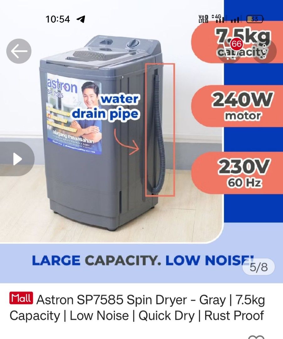 Astron Spin Dryer (Category: Washing Machines and Dryers) located in Makati City. Submitted by astinnnnn (Listing ID 1468004517, Image 3). Description: Like new 7.5 KG capacity RFS.Upgraded/ decluttering.