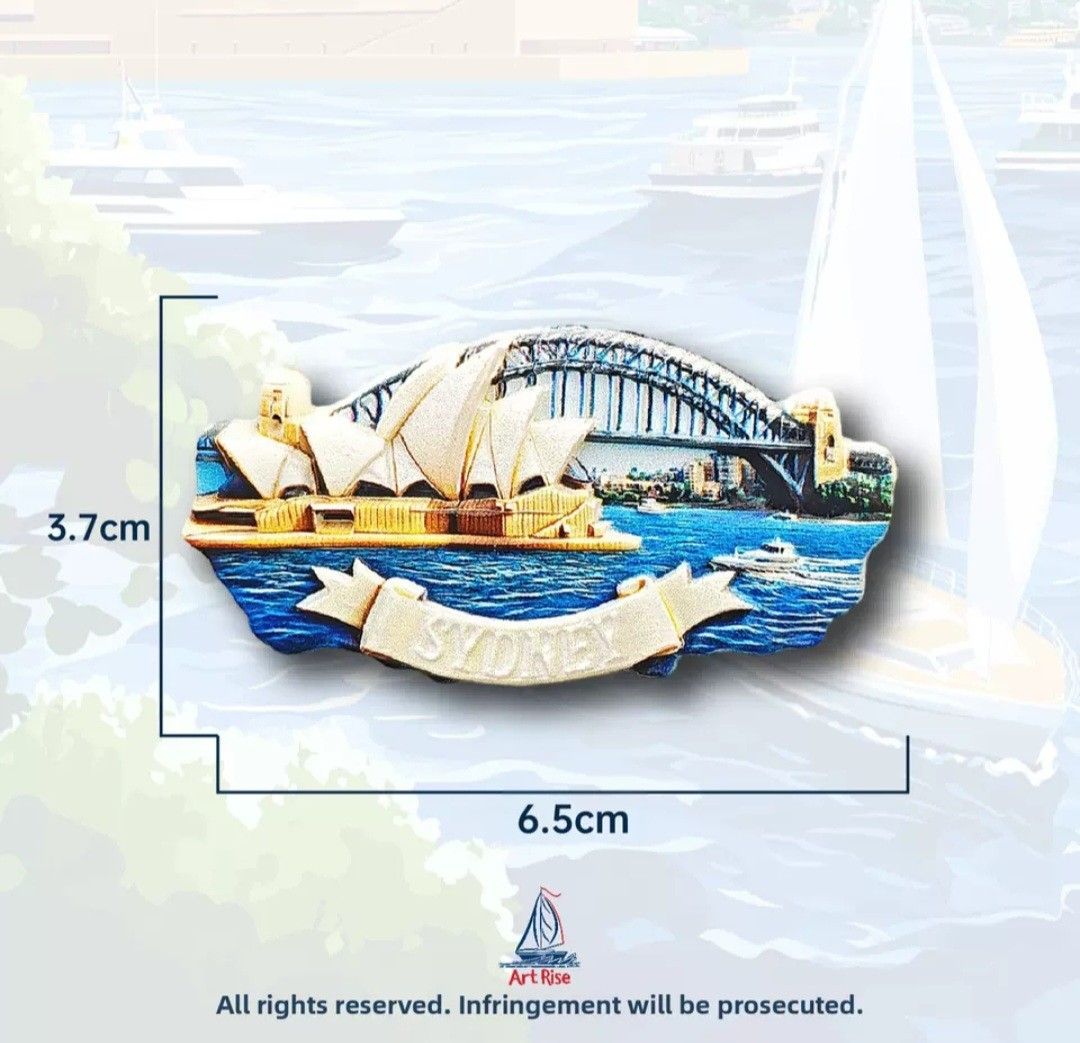 Australia Sydney 3D Resin Fridge Magnet (Category: Vintage Collectibles) located in Pasig City. Submitted by swipeandpicks (Listing ID 1467975764, Image 2). Description: •Design: 3D Embossed Sydney Landmarks (Opera House & Harbour Bridge) • Material: Durable, high-quality molded polyresin / resin. • Vibrant Colors: Beautiful shades of ocean blue, crisp white sails, and a gold/cream "SYDNEY" banner..