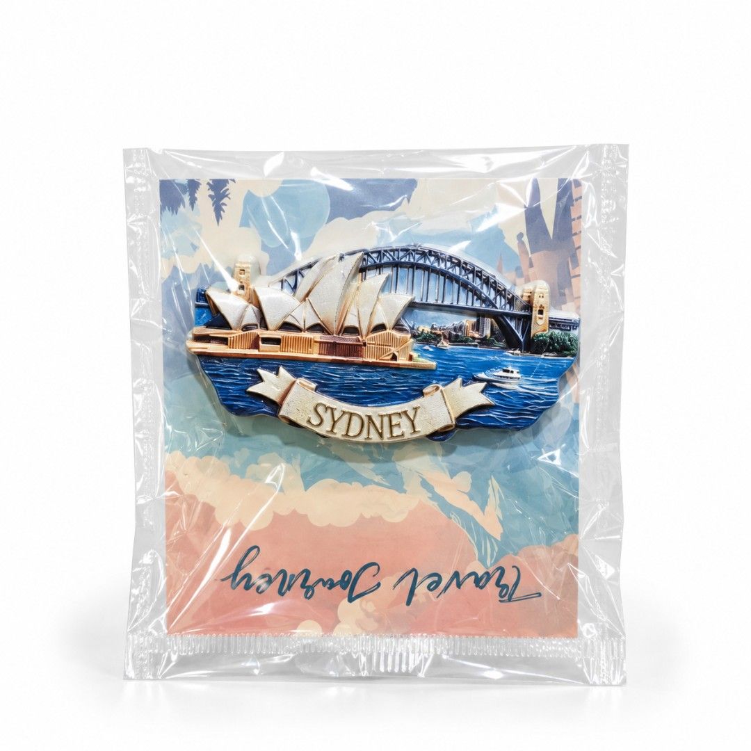 Australia Sydney 3D Resin Fridge Magnet (Category: Vintage Collectibles) located in Pasig City. Submitted by swipeandpicks (Listing ID 1467975764, Image 1). Description: •Design: 3D Embossed Sydney Landmarks (Opera House & Harbour Bridge) • Material: Durable, high-quality molded polyresin / resin. • Vibrant Colors: Beautiful shades of ocean blue, crisp white sails, and a gold/cream "SYDNEY" banner..