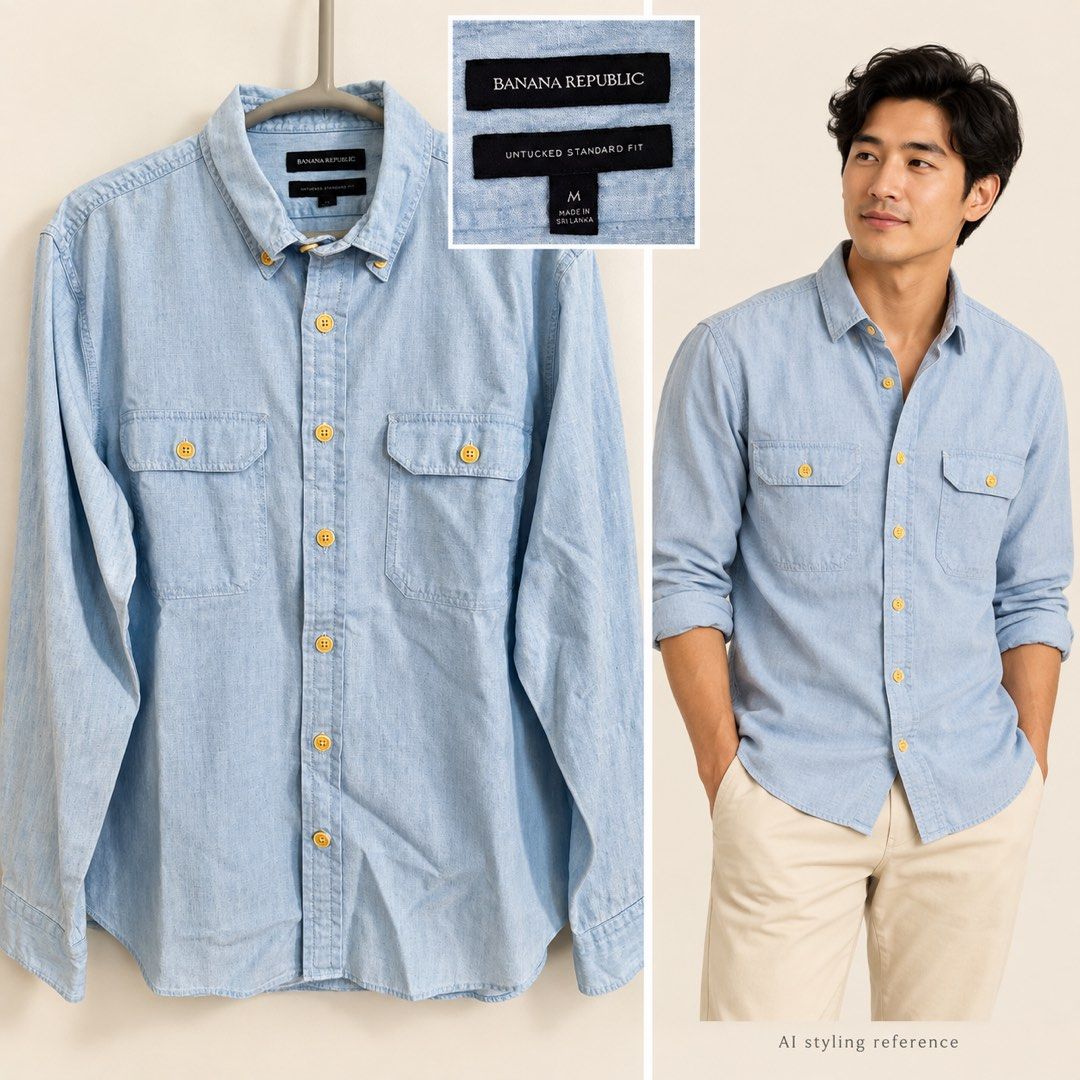 Authentic Banana Republic light blue button-down (Category: Formal Shirts) located in Makati City. Submitted by shoppingandthecity (Listing ID 1468057294, Image 1). Description: Authentic Banana Republic light blue button-down — ₱500 Men’s size M | Untucked Standard Fit Long sleeves with two chest pockets. Pair with cream chinos or dark jeans for an easy casual look..