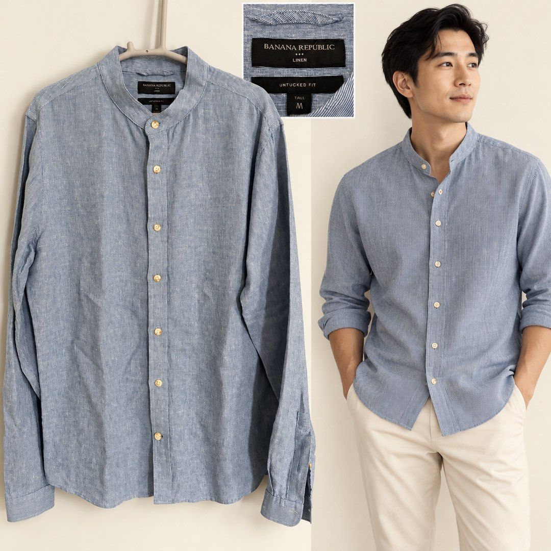 Authentic Banana Republic linen shirt (Category: Formal Shirts) located in Makati City. Submitted by shoppingandthecity (Listing ID 1468057454, Image 1). Description: Authentic Banana Republic linen shirt — ₱500 Men’s size M Tall | Untucked Fit Blue-gray fine stripes, mandarin collar and long sleeves. Style with cream chinos or jeans for a relaxed look..