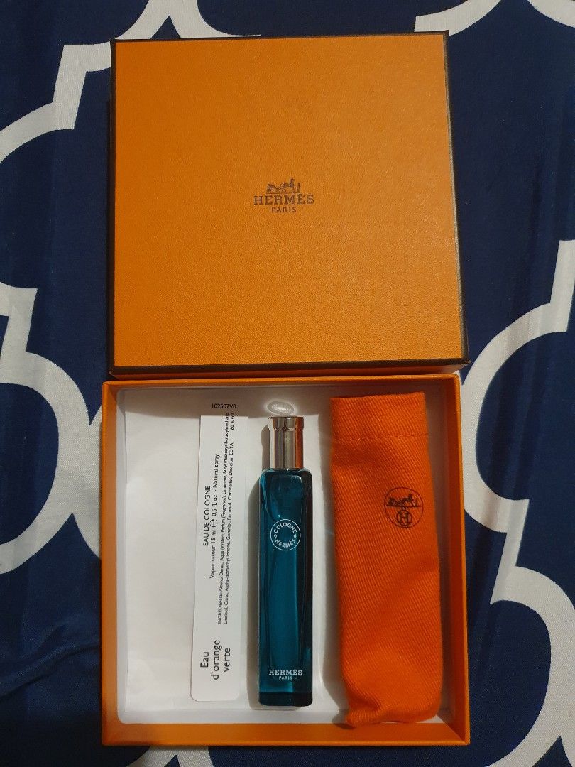 Authentic Hermès Eau d'Orange Verte 15ml (Box & Pouch) (Category: Fragrance & Deodorants) located in Quezon City. Submitted by leean512 (Listing ID 1467935438, Image 1). Description: Description: Authentic, brand-new, and unsprayed Hermès Eau d'Orange Verte EDC travel spray (15ml / 0.5 fl. oz.). Inclusions: • 15ml glass travel bottle • Signature orange canvas pouch • Original Hermès gift box (Box originally held a 4-pc set; only this bottle/pouch
