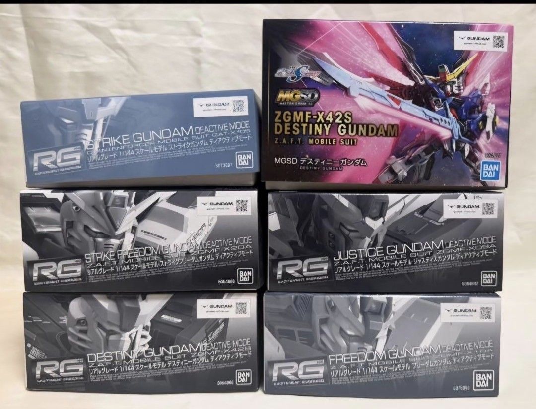 Bandai RG and MGSD Gundam Model Kit Bundle (6 Boxes) (Category: Gundam & Model Kits) located in Valenzuela. Submitted by jmbikentrip (Listing ID 1467961640, Image 1). Description: - Bundle of 6 authentic Bandai model kits - Includes RG 1/144 Strike, Strike Freedom, Justice, Destiny, and Freedom Gundam Deactive Mode - Includes MGSD ZGMF-X42S Destiny Gundam - Brand new and unopened boxes - Complete with original packaging and official Bandai stamps
