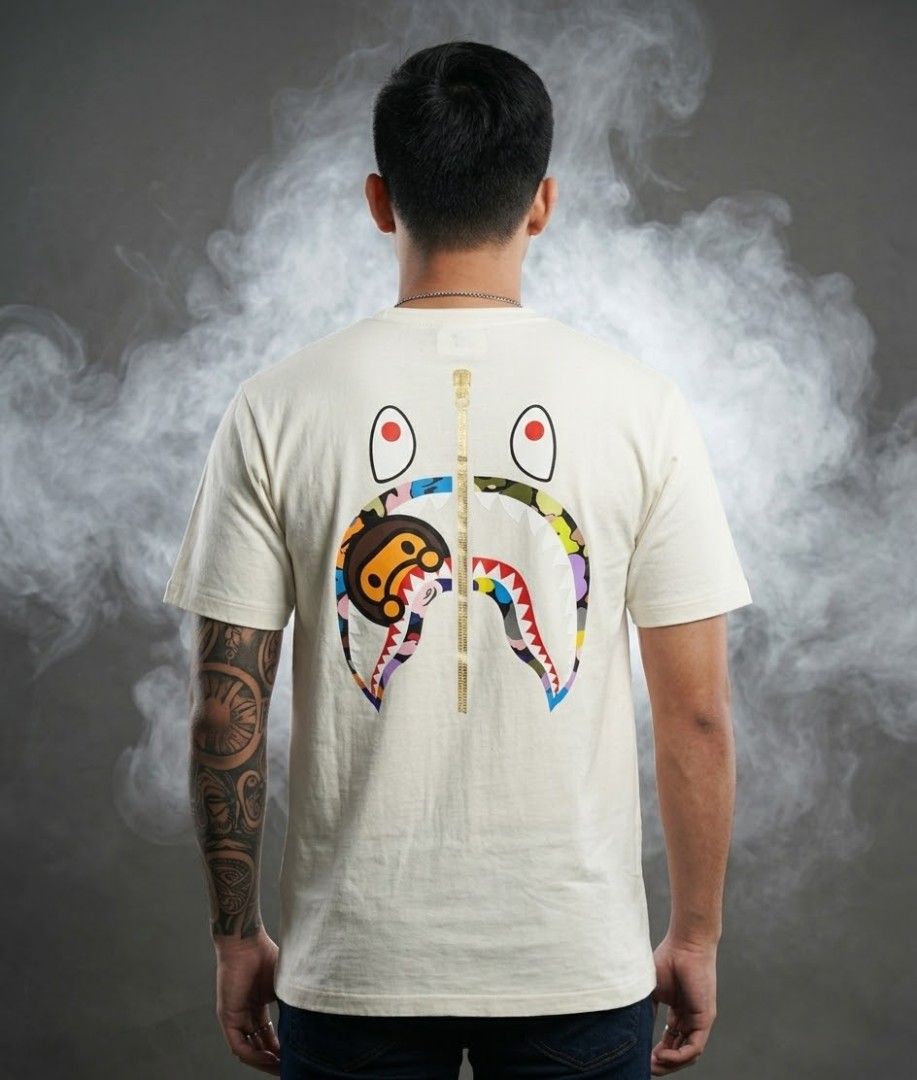 BAPE Multi Camo Milo Shark Gold Zip Tee in white (Category: Tshirts & Polo Shirts ) located in Quezon City. Submitted by wgapparel (Listing ID 1468017977, Image 2). Description: 📌 available 20 x 26 W/L ( Medium on tag ) Brand new condition Complete tags Orig Color rate 10/10 No issue puting puti pa Solid din simple lng front hit. 😊 💰 Mine 3300 * Color may vary due to lighting * Always check posted pics for details * DM for any concerns about t