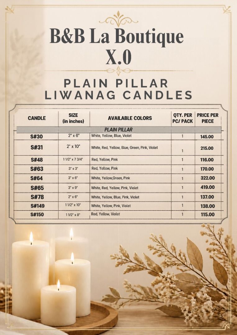 B&B La Boutique X.0 Liwanag Candles (Category: Home Fragrance) located in Malabon City. Submitted by bandb_xavi (Listing ID 1467907974, Image 2). Description: - Brand: Liwanag Candles - Available Types: Container candles, vigil candles, esperma candles, plain pillars and filler candles - Variety: Multiple sizes and color options for every item - Pricing: Pack pricing available based on specifications (please see photos) - Ordering: Refer to size,