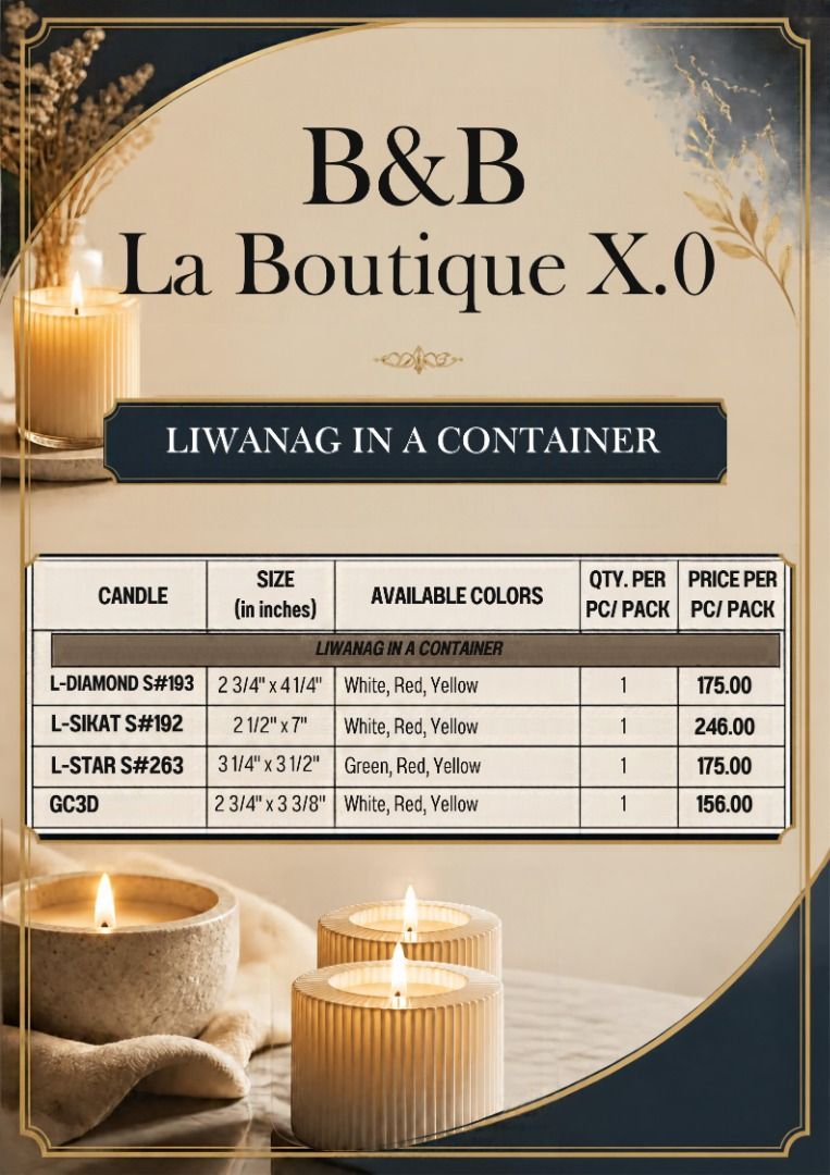B&B La Boutique X.0 Liwanag Candles (Category: Home Fragrance) located in Malabon City. Submitted by bandb_xavi (Listing ID 1467907974, Image 1). Description: - Brand: Liwanag Candles - Available Types: Container candles, vigil candles, esperma candles, plain pillars and filler candles - Variety: Multiple sizes and color options for every item - Pricing: Pack pricing available based on specifications (please see photos) - Ordering: Refer to size,