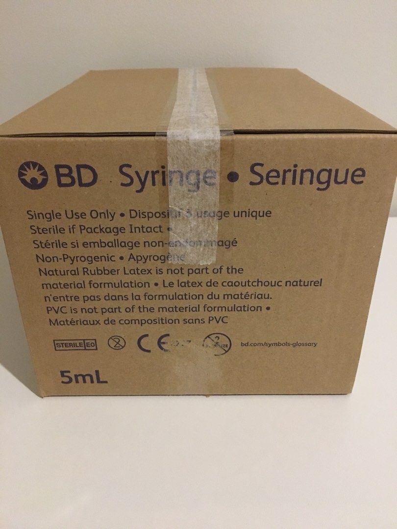 BD 5ml Syringe with Needle (100 pcs) (Category: Medical Supplies & Tools) located in Makati City. Submitted by savedeal (Listing ID 1467934603, Image 3). Description: Brand new box of BD 5ml Slip Tip Syringe with BD PrecisionGlide Needle. 23G 1 TW (0.6mm x 25mm). Manufacture date: Jan 2026 Expiration date: Dec 2030 Made in Singapore.