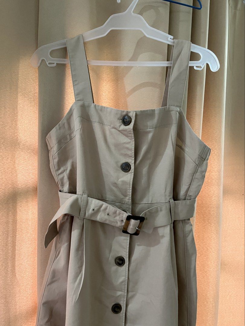 Beige Button-Down Midi Dress (Category: Dresses) located in Manila. Submitted by princess.01.1 (Listing ID 1467872149, Image 2). Description: Only used once. Like new condition L on tag. Can fit S-L adjustable strap Can be worn without the belt Stretchable waist J&t only +55sf.