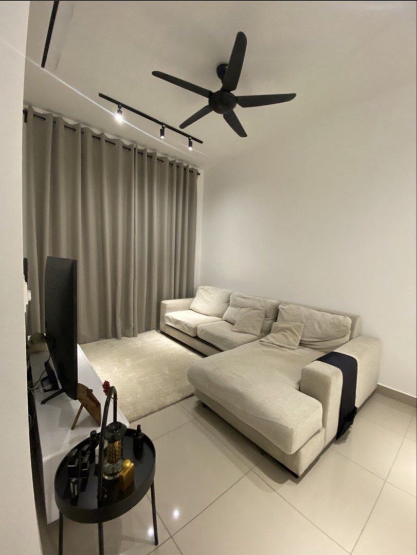 Sofa (Category: Sofas) located in Kuala Lumpur. Submitted by valerino (Listing ID 1467909928, Image 2). Description: * Spacious L-shaped design with chaise lounge * Neutral beige fabric that complements modern and minimalist homes * Removable fabric covers for easier washing and cleaning * Zippered access underneath the fabric for maintenance * Comfortable seating with matching cushions * Great for relaxing, watching TV or lounging Selling as I’m