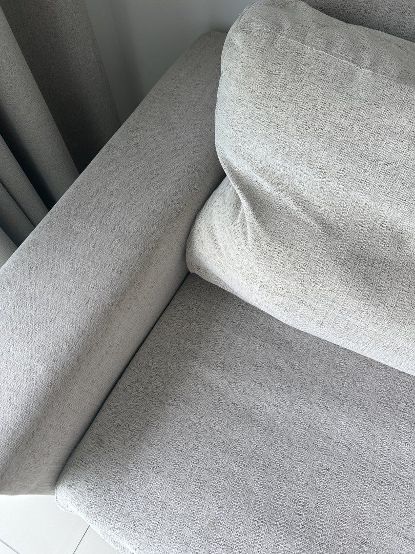Sofa (Category: Sofas) located in Kuala Lumpur. Submitted by valerino (Listing ID 1467909928, Image 3). Description: * Spacious L-shaped design with chaise lounge * Neutral beige fabric that complements modern and minimalist homes * Removable fabric covers for easier washing and cleaning * Zippered access underneath the fabric for maintenance * Comfortable seating with matching cushions * Great for relaxing, watching TV or lounging Selling as I’m
