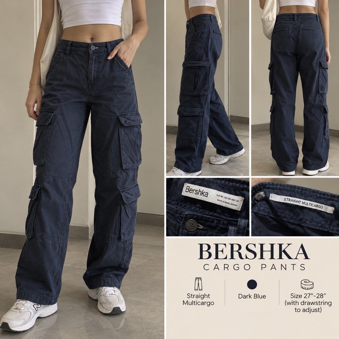 Bershka Straight Multicargo Pants Dark Blue (Category: Jeans) located in Davao. Submitted by 2ndbase.dvo.ii (Listing ID 1467965959, Image 1). Description: - Brand: Bershka - Style: Straight multicargo pants / Streetwear - Color: Dark Blue - Size: EUR 38, USA 06, MEX 28 - Waist fit: 27 to 28 inches (comes with adjustable drawstring) - Features: Multiple utility pockets on sides and back - Origin: Made in Bangladesh.
