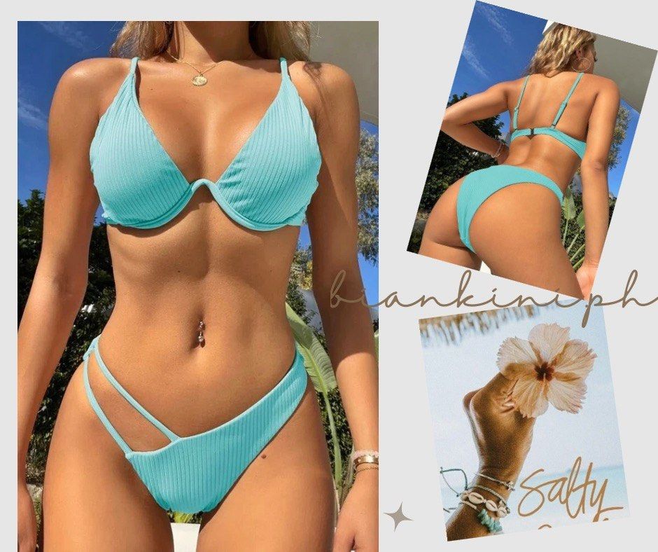 Bikini Ribbed Blue Two Piece Swimwear (Category: Bikinis & Swimsuits) located in Las Pinas. Submitted by kathybianca (Listing ID 1467885120, Image 1). Description: - Color: Bright blue - Material: Soft and stretchy textured ribbed fabric - Top: Underwire support with adjustable straps for a secure fit - Bottoms: High-cut style with a trendy asymmetric double strap detail - Fit: True to size - Ideal for: Beach days and pool lounging.