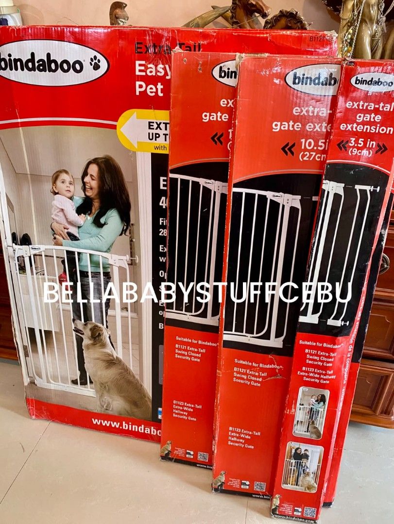 Bindaboo Extra Tall Safety Gate with 3 Extensions Good as New (Category: Safety Gates, Locks & Protectors) located in Cebu City. Submitted by bellababystuffcebu (Listing ID 1467940642, Image 1). Description: Bindaboo Extra Tall Safety Gate with 3 Extensions Good as New Extra Tall Hallway Gate: 40.5 inch H (103cm) Fits to openings 71-82cm Available Extensions fits to opening up to 145cm 2pcs 27cm 1pc 9cm Auto close gate opens in both directions JP