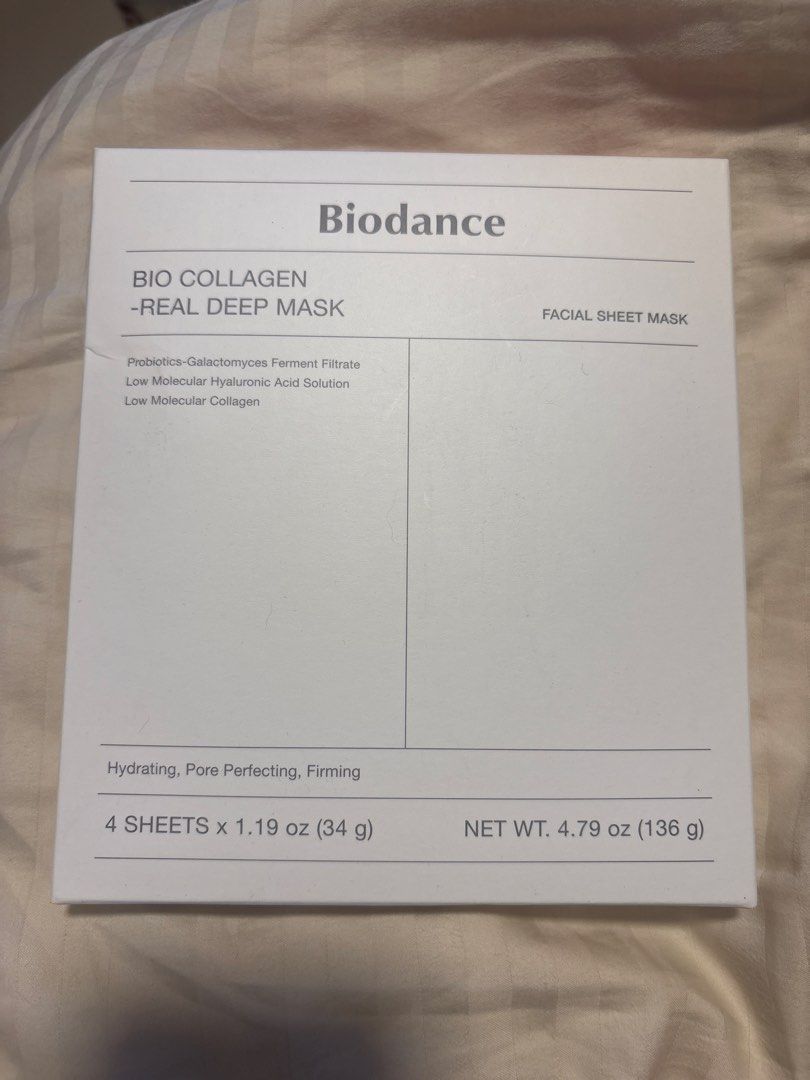 Biodance Bio-Collagen Real Deep Mask Box 4 Sheets (Category: Face Care) located in Taguig. Submitted by cassiopeiasky (Listing ID 1468003977, Image 1). Description: - Brand: Biodance Bio-Collagen Real Deep Mask - Condition: Brand new, unopened, and factory sealed - Quantity: 4 sheets (1.19 oz / 34g each) - Benefits: Deep hydration, pore-perfecting, and firming - Key Ingredients: Ultra-low-molecular collagen and hyaluronic acid - Shelf Life: Manuf