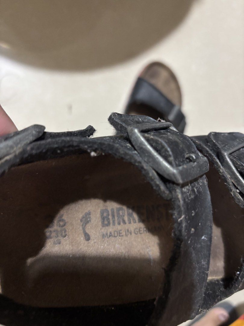 Birkenstock Black Leather Sandals Size 36 (Category: Flats & Sandals) located in Rodriguez. Submitted by eyahhhkm (Listing ID 1467857718, Image 2). Description: - Brand: Birkenstock - Style: Black leather sandals with secure back straps - Size: 36 (Regular Width) - Features: Adjustable metal buckles, signature cork footbed (with visible wear/foot imprints), durable red rubber outsole - Origin: Made in Germany - Condition: Pre-loved with signs of 
