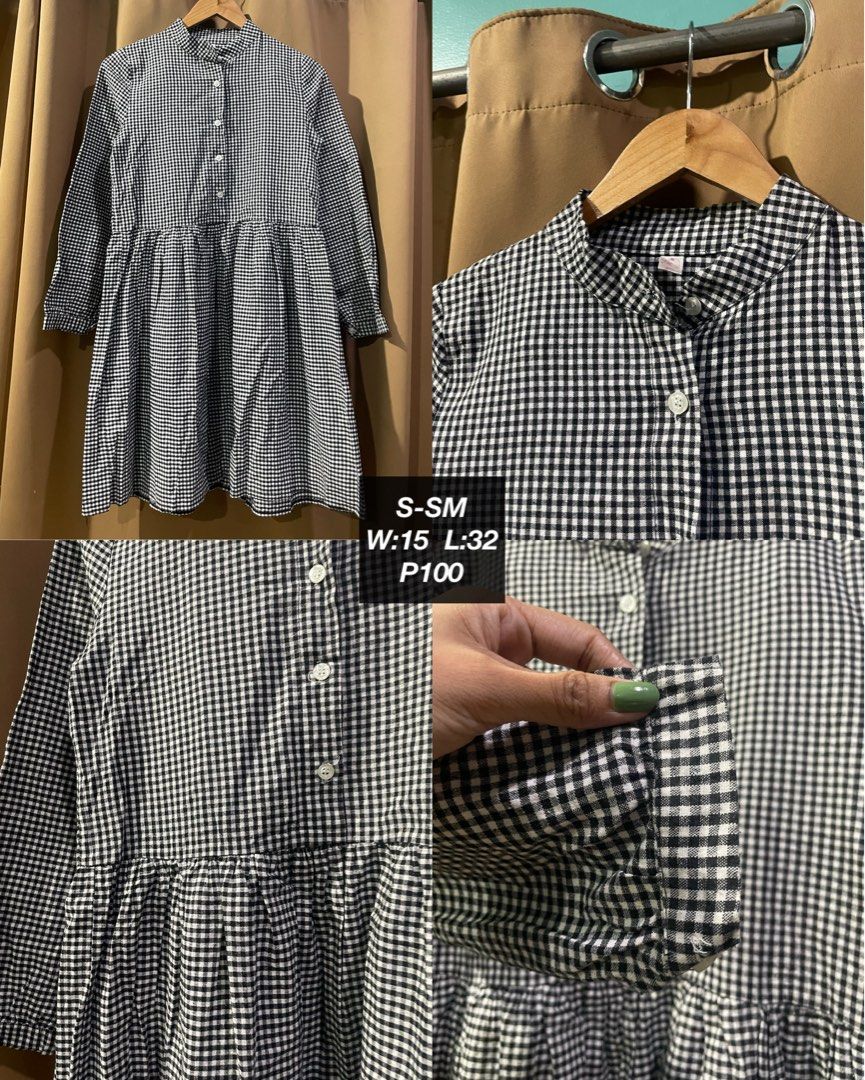 Black and White Gingham Button-Down Dress S-SM (Category: Dresses) located in Quezon City. Submitted by smileclothingline (Listing ID 1467841750, Image 1). Description: Black and white checkered gingham dress with long sleeves and front button closure. Mandarin collar style. Gathered waistline creates a tiered skirt look. Size S to SM. Measurements: width 15 inches, length 32 inches. Clean pattern, comfortable everyday wear. Ready to ship..