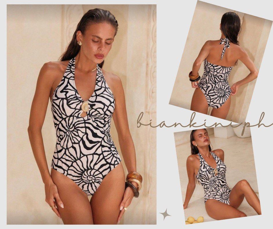 Black and White Shell Print One-Piece Swimsuit (Category: Bikinis & Swimsuits) located in Las Pinas. Submitted by kathybianca (Listing ID 1467884409, Image 1). Description: - Design: Black and white shell pattern all over - Style: Halter neck with a self-tie closure at the back - Details: Small under-bust cutout accented with a stylish seashell ring hardware - Cut: Flattering high-cut leg design.