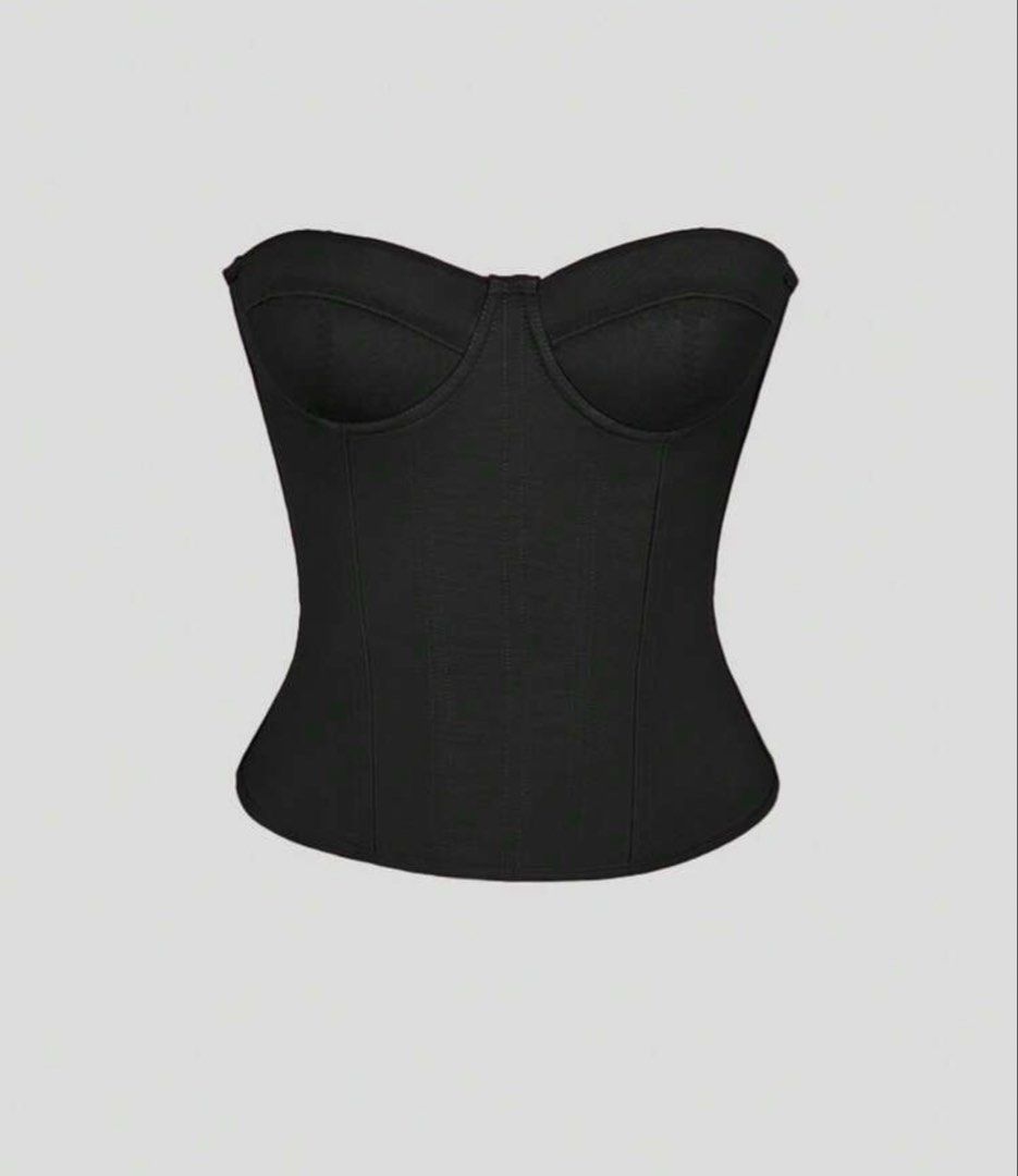 Black Corset Top Structured Bustier Lace-up Back (Category: Sleeveless) located in Makati City. Submitted by t62024x (Listing ID 1467886469, Image 1). Description: - Color: Black - Style: Strapless sweetheart neckline with structured molded cups - Support: Built-in boning structure in the front and sides - Back Detail: Adjustable lace-up design with black ribbon and metal eyelets - Finish: Solid fabric throughout the body - Condition: Brand new /