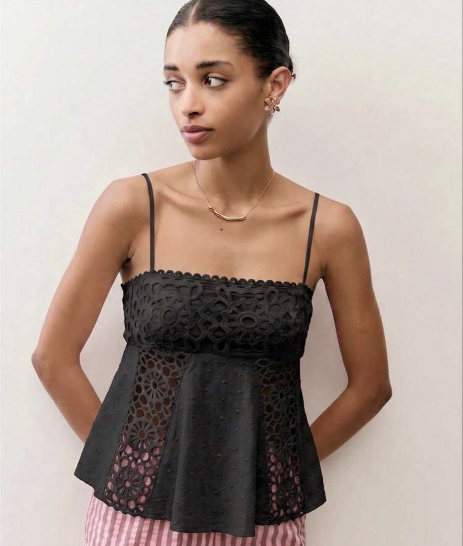 Black eyelet camisole top with spaghetti straps (Category: Sleeveless) located in Bacolor. Submitted by prelovedbyellimac (Listing ID 1467847661, Image 1). Description: - Color: Black - Details: Intricate eyelet lace panels, scalloped neckline trim, and front/back lace cut-outs - Fit: Adjustable spaghetti straps and a flared peplum silhouette - Fabric: Lightweight textured dot material - Styling: Perfect for warm weather layering or pairing with 