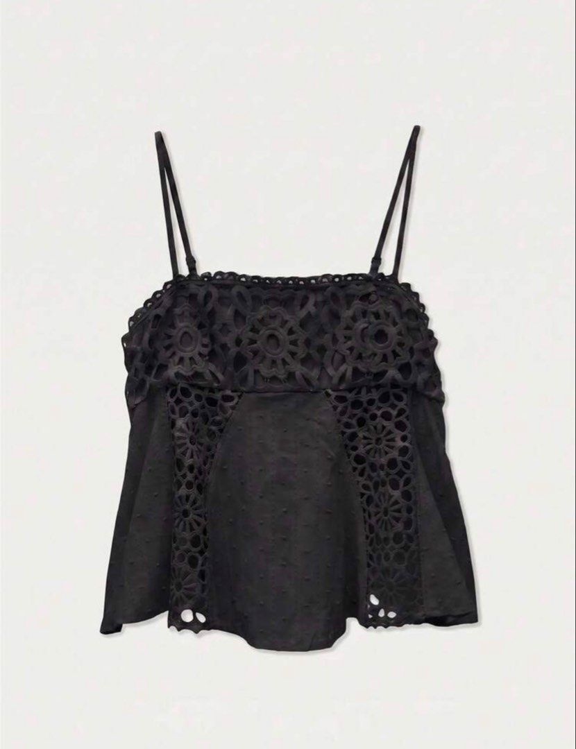 Black eyelet camisole top with spaghetti straps (Category: Sleeveless) located in Bacolor. Submitted by prelovedbyellimac (Listing ID 1467847661, Image 3). Description: - Color: Black - Details: Intricate eyelet lace panels, scalloped neckline trim, and front/back lace cut-outs - Fit: Adjustable spaghetti straps and a flared peplum silhouette - Fabric: Lightweight textured dot material - Styling: Perfect for warm weather layering or pairing with 