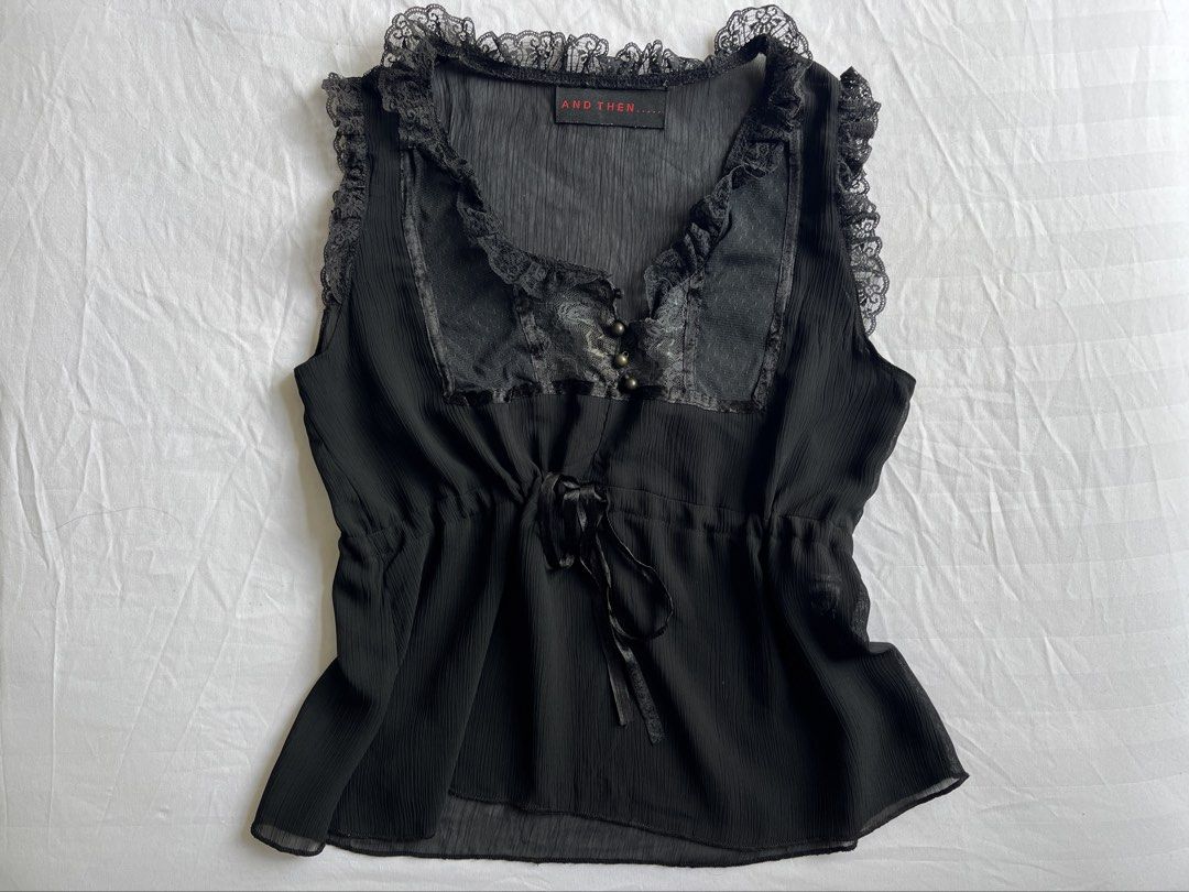 Gothic Black Lace Trim Sleeveless Top (Category: Sleeveless) located in Quezon City. Submitted by grapejuiceblue2 (Listing ID 1467977211, Image 1). Description: 🏷️And Then - never worn - rfs: decluttering - mop: gcash only - mod: lalamove/j&t - price + sf.