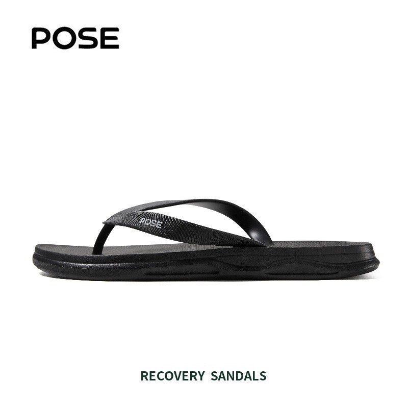 Black POSE Recovery Sandals Flip Flops (Category: Slippers and slides) located in Antipolo. Submitted by welllovedbymic (Listing ID 1467973430, Image 1). Description: - Brand: POSE Recovery Sandals - Color: Classic Black - Style: Thong-style flip flops with slip-on comfort - Design: Textured strap with printed brand logo - Sole: Thick, supportive cushioning - Best for: Post-workout recovery and casual everyday walking.