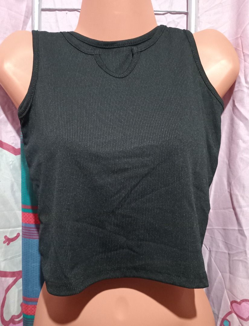 Black Ribbed Crop Top U-Neck Sleeveless (Category: Babies & Kids Fashion) located in Quezon City. Submitted by macon0948 (Listing ID 1467900674, Image 2). Description: - Color: Black with subtle all-over sparkle - Design: Sleeveless ribbed crop top with a unique neckline cutout - Fit: Stretchy, super comfortable, measures ~14 inches across the chest (laid flat) - Versatility: Great for both casual days and nights out - Styling: Easy to match with