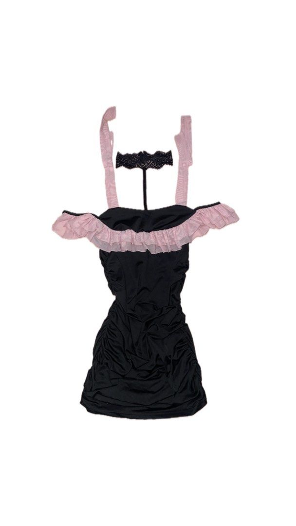 Black Ruched Mini Dress with Pink Ruffles (Category: Dresses) located in Cabanatuan. Submitted by chieezyx (Listing ID 1467885541, Image 2). Description: - Color: Black with pink ruffled trim - Style: Bodycon mini dress with all-over ruching and a fitted, stretchy silhouette - Details: Includes a matching black lace choker accessory with a thin strap - Fit: True to size, very stretchy and comfortable - Condition: Brand new / Excellent - Perfect f