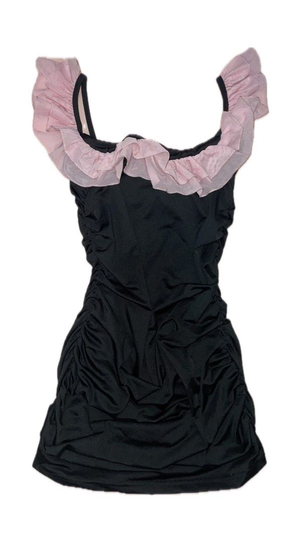 Black Ruched Mini Dress with Pink Ruffles (Category: Dresses) located in Cabanatuan. Submitted by chieezyx (Listing ID 1467885541, Image 1). Description: - Color: Black with pink ruffled trim - Style: Bodycon mini dress with all-over ruching and a fitted, stretchy silhouette - Details: Includes a matching black lace choker accessory with a thin strap - Fit: True to size, very stretchy and comfortable - Condition: Brand new / Excellent - Perfect f