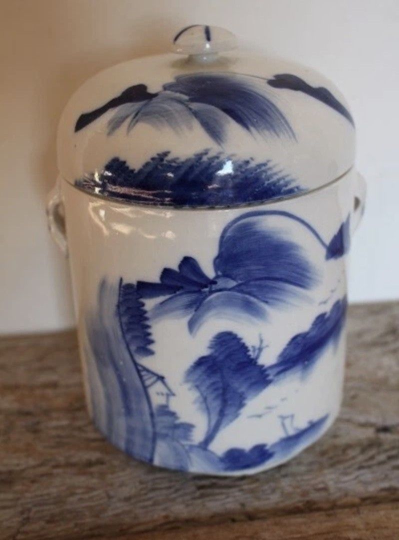 Blue and White Ceramic Ginger Jar with Lid (Category: Vases & Decorative Bowls) located in Manila. Submitted by chuaniki (Listing ID 1467860120, Image 2). Description: - Material: White ceramic with hand-painted blue mountain landscape - Includes: Matching domed lid and small side handles - Condition: Clean interior, brand new/ready to use - Versatile: Great as a tea caddy, storage jar, or kitchen decor - Shipping: Packed securely for safe delive