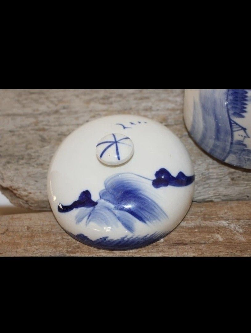 Blue and White Ceramic Ginger Jar with Lid (Category: Vases & Decorative Bowls) located in Manila. Submitted by chuaniki (Listing ID 1467860120, Image 3). Description: - Material: White ceramic with hand-painted blue mountain landscape - Includes: Matching domed lid and small side handles - Condition: Clean interior, brand new/ready to use - Versatile: Great as a tea caddy, storage jar, or kitchen decor - Shipping: Packed securely for safe delive