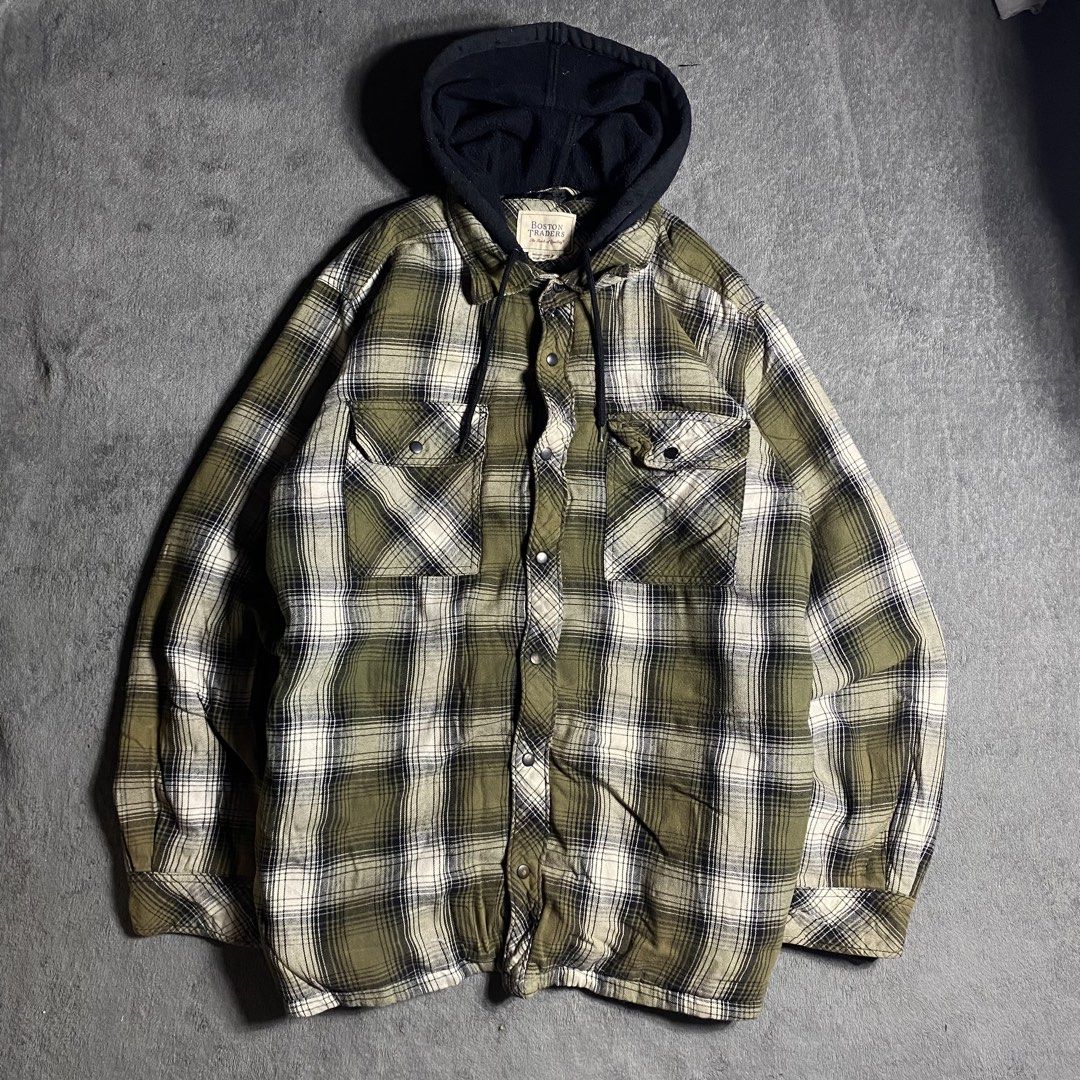 Boston Traders Green Plaid Hooded Flannel Jacket (Category: Coats, Jackets and Outerwear) located in Manila. Submitted by thrifturfit_star (Listing ID 1467852924, Image 1). Description: - Brand: Boston Traders - Style: Casual winter hooded plaid jacket - Colorway: Green, black, and white plaid - Closure: Snap button front - Hood: Attached black drawstring hood - Pockets: Two chest pockets with snap flaps - Interior: Warm quilted lining - Sleeves: