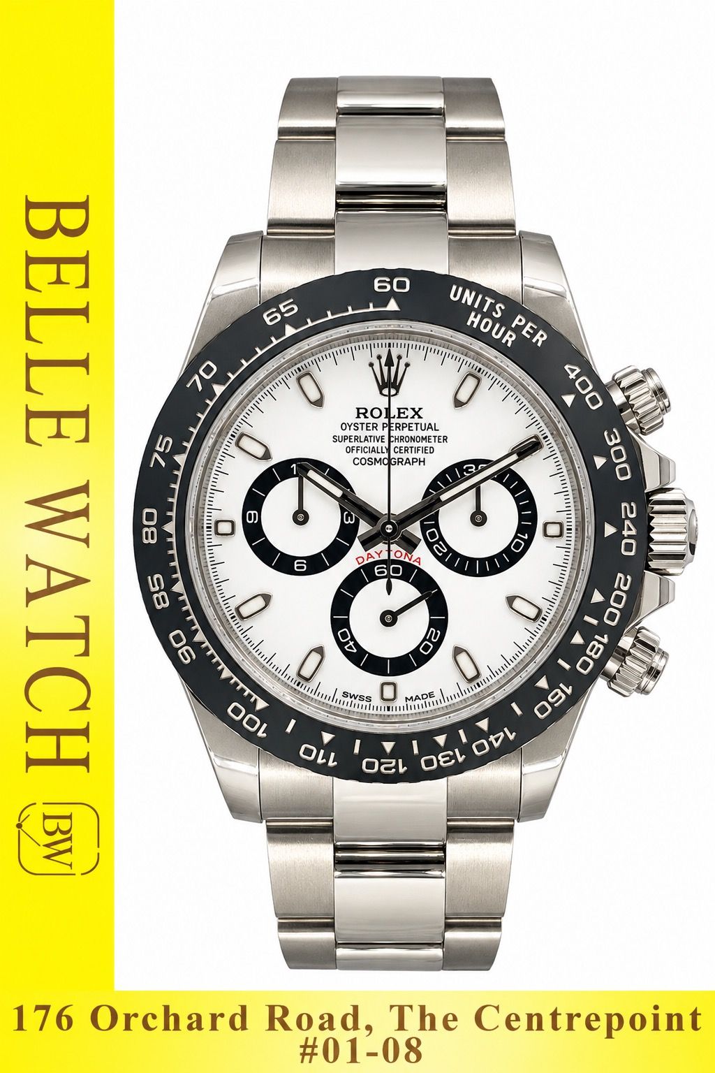 Brand New 2023 Rolex 116500LN Daytona Cosmograph White Dial Stainless Steel Oyster Bracelet ""Panda"" (Category: Watches) located in Singapore. Submitted by bellewatchsg (Listing ID 1467931277, Image 1). Description: Brand New 2023 Rolex 116500LN Daytona Cosmograph White Dial Stainless Steel Oyster Bracelet ""Panda"" * Shop Based * *Brand New, Unworn Condition* Case Size: 40MM Dated: March 2023 (Factory Agent Warranty until March 2028) Dial: Whit