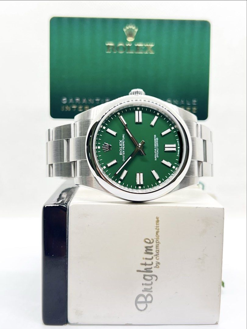 Brand New Rolex Oyster Perpetual 41 124300 Green Dial Automatic Steel Casing Bracelet ( NOS, July 22 ) (Category: Watches) located in Singapore. Submitted by brightime (Listing ID 1467928366, Image 2). Description: Brand New Rolex Oyster Perpetual 41 124300 Green Dial Automatic Steel Casing Bracelet ( NOS, July 22 ) ** Brand New ** ** New Old Stock ** ** Stickers Removed By AD ** Model : 124300 Also known as : Oyster Perpetual 41 Case size : 41mm