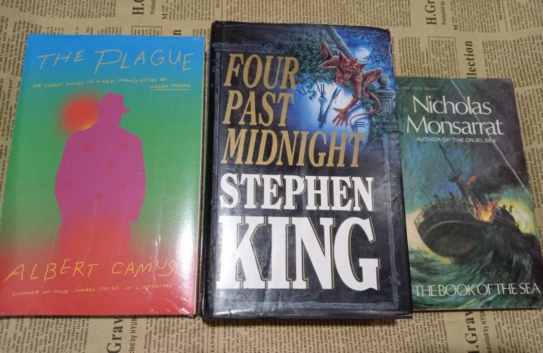 [Bundle] Stephen King, Albert Camus, Nicholas Monsarrat (Category: Storybooks) located in Manila. Submitted by hdbookshop (Listing ID 1468032228, Image 1). Description: The Plague by Albert Camus (brand new and sealed) Four Past Midnight by Stephen King (Hardcover) The Book of the Sea ₱1000 take all - Bundle of 3 books - Titles included: Four Past Midnight (Stephen King), The Plague (Albert Camus), and The Book of the Sea (Nicholas Monsarrat) - G