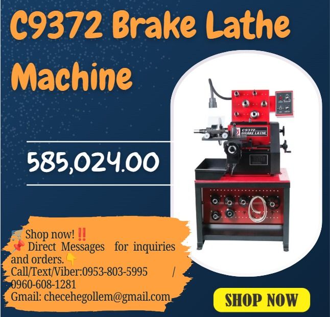 C9372 Brake Lathe Machine (Category: Everything Else Others) located in Caloocan City. Submitted by 09263834248 (Listing ID 1467860523, Image 1). Description: SPECIFICATION : ◎Feed Rates - Rotor and Drum:0" -0.026"（ 0mm- 0.66mm） ◎Feed Rate Per Minute:2.54"（ 64.5mm） ◎Flywheel Diameter: 6" -24“ （152mm- 611mm） ◎Maximum Rotor Thickness:2.85" (73mm) ◎Drum depth: 6.5"(165mm) Spindle ◎speed :70-320RPM ◎Spindle weight capacity(standard 1" Arbor):150lbs(6