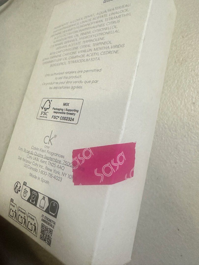 Calvin Klein CK One EDT (Category: Fragrance & Deodorants) located in Quezon City. Submitted by allmustgo.88 (Listing ID 1467971169, Image 3). Description: - Authentic Calvin Klein CK One fragrance, made in Spain by Coty - Classic citrus aromatic scent, perfect as a daily staple - Includes original white packaging box with Sasa store sticker on the back - Comes with spray nozzle detached and extra caps included - Condition: As described, ready fo