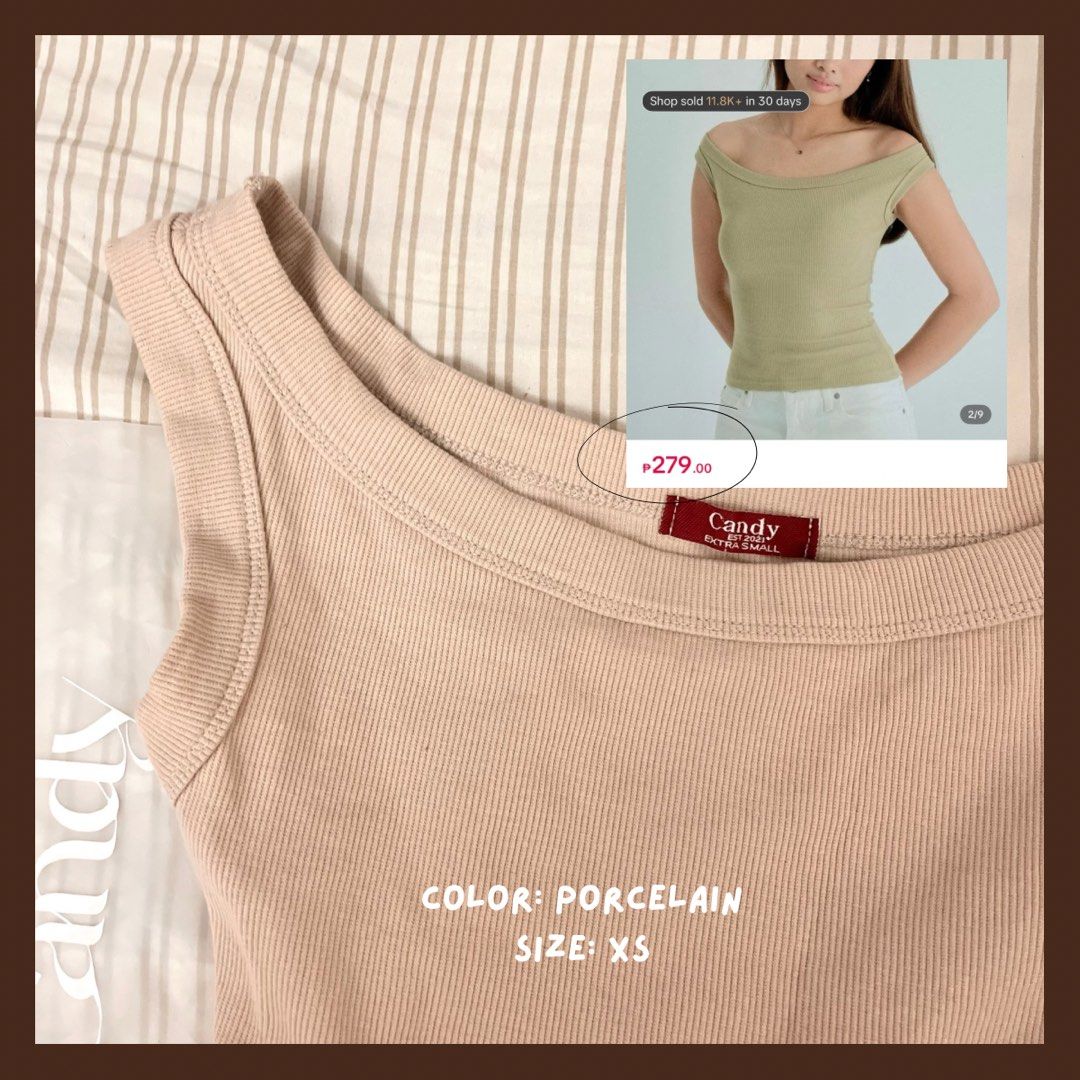 Candy Off Shoulder Ribbed Top Porcelain XS (Category: Sleeveless) located in Manila. Submitted by gentle_snowy (Listing ID 1467971123, Image 2). Description: - Brand: Candy - Style: Off-shoulder ribbed top - Color: Porcelain - Size: Extra Small (XS) - Condition: Brand new with tags, never worn - Features: Super stretchy, flattering fit, great basic for jeans or skirts - Packaging: Includes original ziplock packaging - Original Price: ₱279.