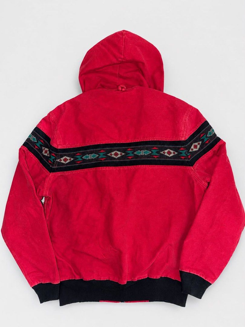 Carhartt Aztec Pattern Active Jacket Red (Category: Coats, Jackets and Outerwear) located in Santa Rosa. Submitted by n.vallermosa (Listing ID 1468039494, Image 2). Description: - Authentic red Carhartt active jacket - Eye-catching Aztec pattern design on chest and back - Heavy canvas construction to block out the wind - Full zip front with branded metal pull - Attached hood and front pouch pocket - Ribbed black cuffs and hem for a snug fit - Ico
