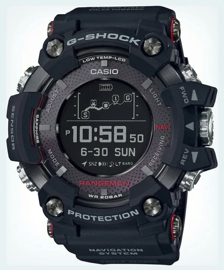 Casio G-Shock Rangeman GPR-B1000 GPS Navigation Watch (Category: Men's Watches) located in Muntinlupa City. Submitted by kcloset2019 (Listing ID 1467997071, Image 1). Description: - Brand: Casio G-Shock Rangeman - Power: Solar-powered - Design: Black resin build with silver metal hardware accents - Display: Low-temp LCD with route navigation, battery level indicator, and digital time (10:58) - Glass: Sapphire crystal glass face - Controls: Multip