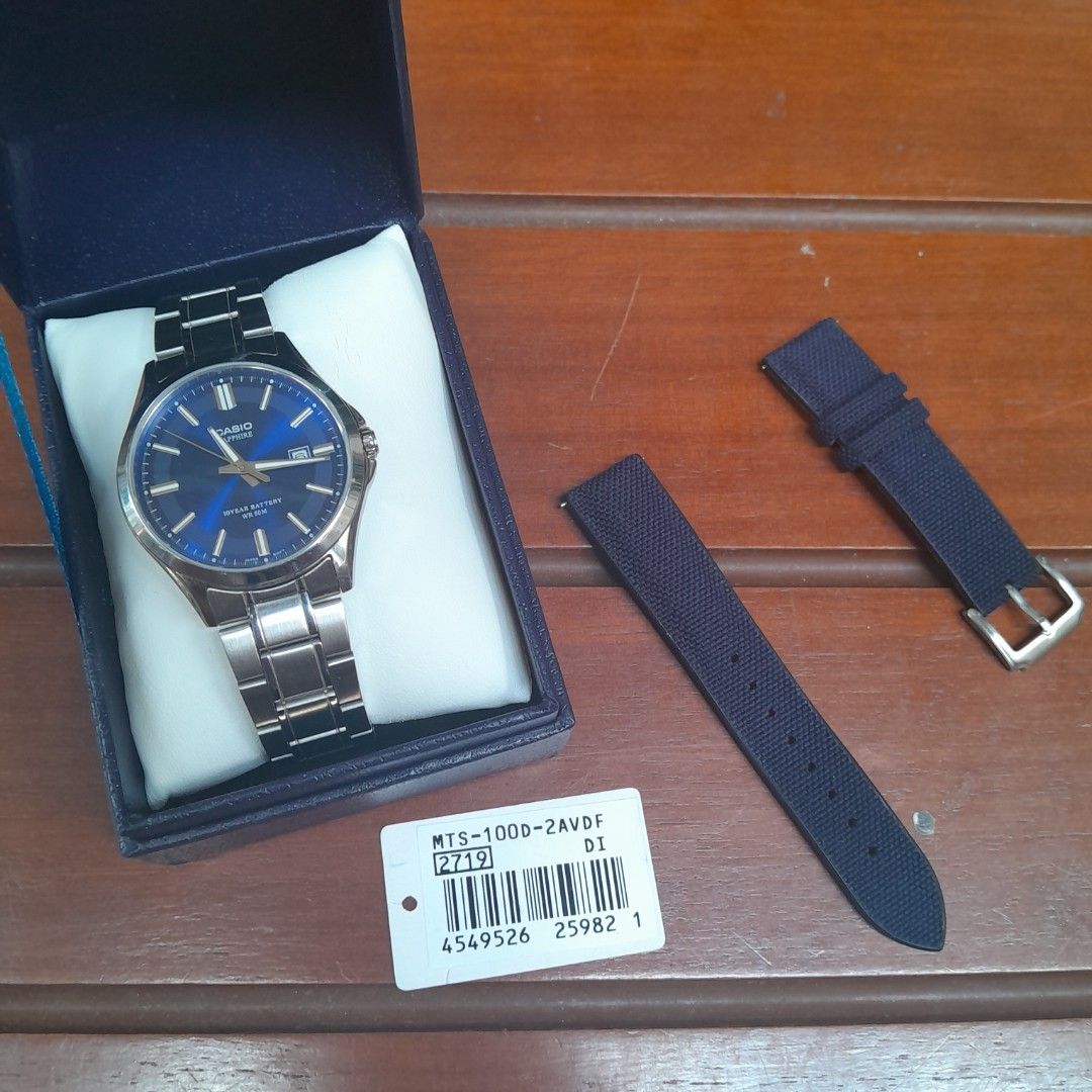 Casio Sapphire MTS-100D (Category: Luxury Watches) located in Marikina City. Submitted by toontaba (Listing ID 1467955579, Image 1). Description: MTS 100D Blue Dial 2500PHP USED in good condition Sapphire Glass Full Stainless steel 10 Year Battery Complete original bracelet, display box, original tag. FREE blue sailcloth watch strap Concepcion Marikina.