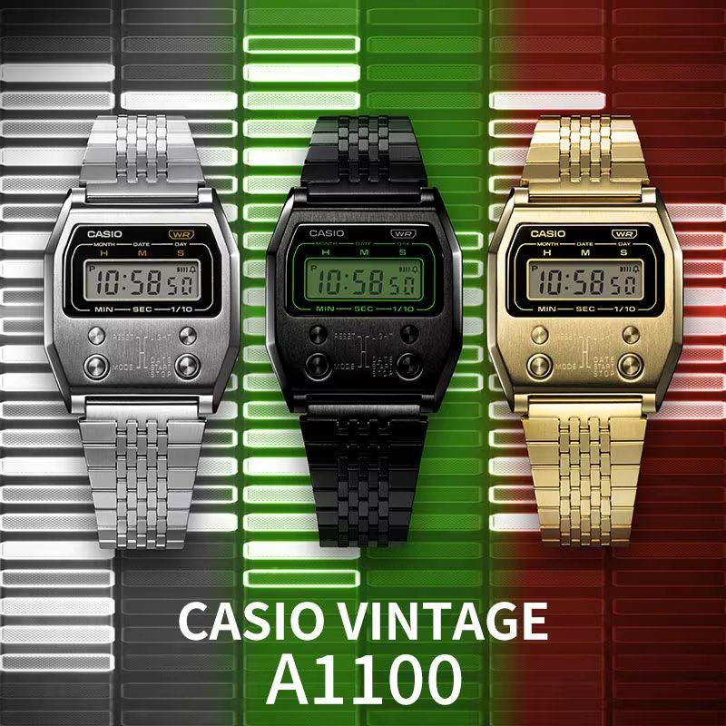 Casio Vintage A1100 Full Metal (Category: Men's Watches) located in Manila. Submitted by fletchd (Listing ID 1468045495, Image 1). Description: - Model: Casio Vintage Full Metal A1100 series - Colors available: Silver, Black, and Gold - Material: Premium stainless steel build with classic link bracelet - Features: Digital display, unique front push buttons, and water resistance - Style: Retro-inspired design from early digital timepieces - Condit