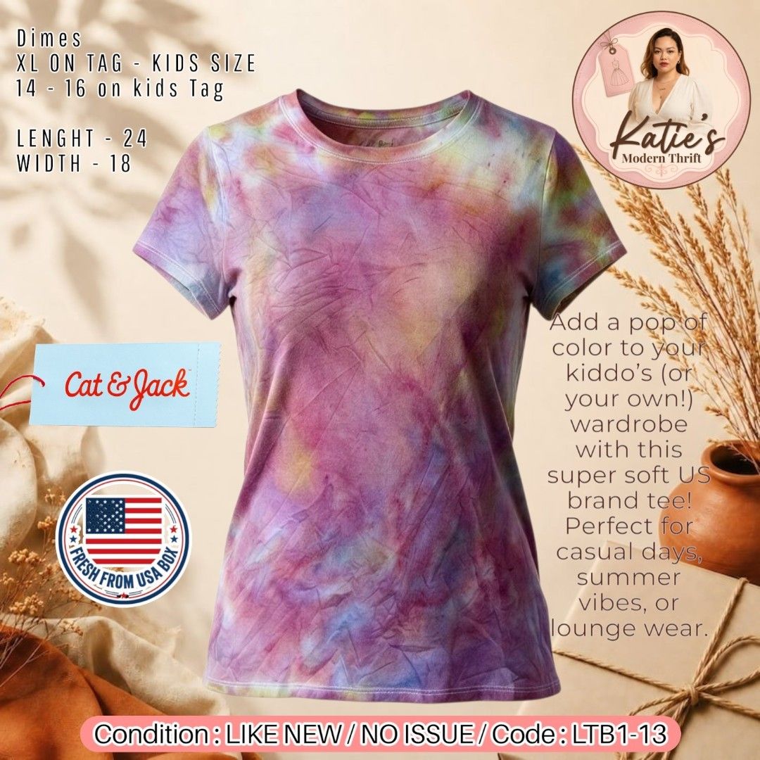 Cat & Jack TIE DYE tshirt (Category: Babies & Kids Fashion) located in Morong. Submitted by katiesmodernthrift (Listing ID 1467843196, Image 1). Description: Description: Authentic Cat & Jack kids' crewneck tee. Features a beautiful, vibrant pastel and bright tie-dye pattern. Very soft and comfy fabric! ✨ DETAILS: Size on Tag: Kids XL (Fits 14-16 years old. Can also fit petite adults - XS to Small) Fabric: 60% Cotton / 40% Recycled Polyester (sof