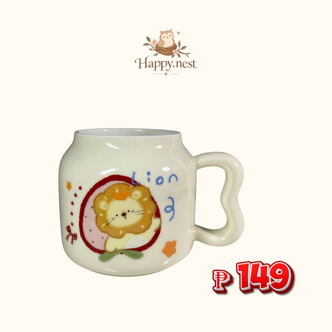 Ceramic Mug (Category: Coffee & Tea Tableware) located in Quezon City. Submitted by oliviararo46032 (Listing ID 1467994020, Image 1). Description: - Adorable ceramic mug featuring a cute lion graphic - Light cream background with fun colorful star and bow accents - Ergonomic curved handle for an easy and comfortable grip - Standard mug size ideal for morning coffee, tea, or hot chocolate - Brand new and ready to add a playful touch to your mug co