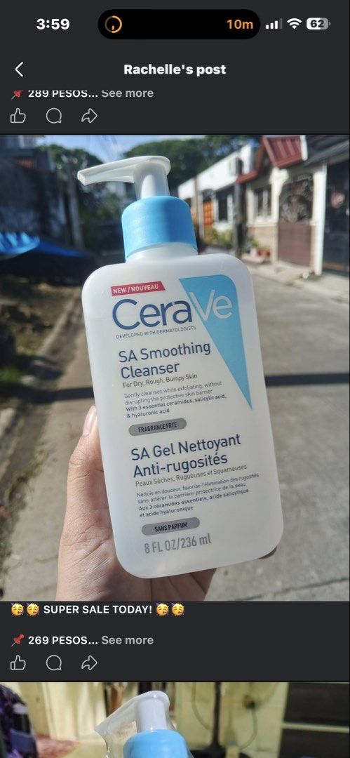 CeraVe SA Smoothing Cleanser 236ml (Category: Face Care) located in Manila. Submitted by ladiiiis (Listing ID 1467987627, Image 1). Description: - Product: CeraVe SA Smoothing Cleanser - Size: 8 fl oz / 236 ml - Condition: Brand new, unopened with pump top, standard retail packaging - Skin Type: Ideal for dry, rough, and bumpy skin - Key Ingredients: 3 essential ceramides, salicylic acid, and hyaluronic acid - Benefits: Gently exfoliates, smooths